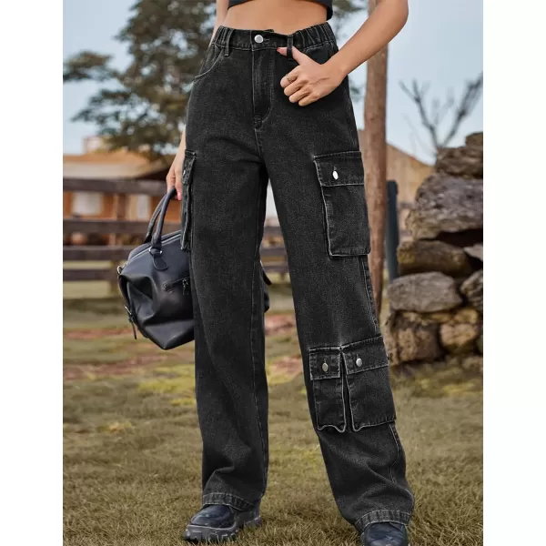IDEALSANXUN Denim Cargo Pants for Women 2023 High Waisted Y2K Straight Leg Jeans Trousers with Flap PocketGrey