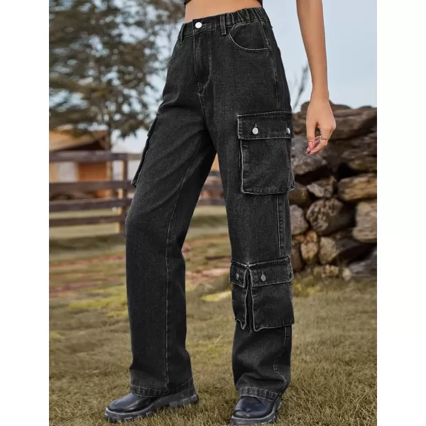 IDEALSANXUN Denim Cargo Pants for Women 2023 High Waisted Y2K Straight Leg Jeans Trousers with Flap PocketGrey
