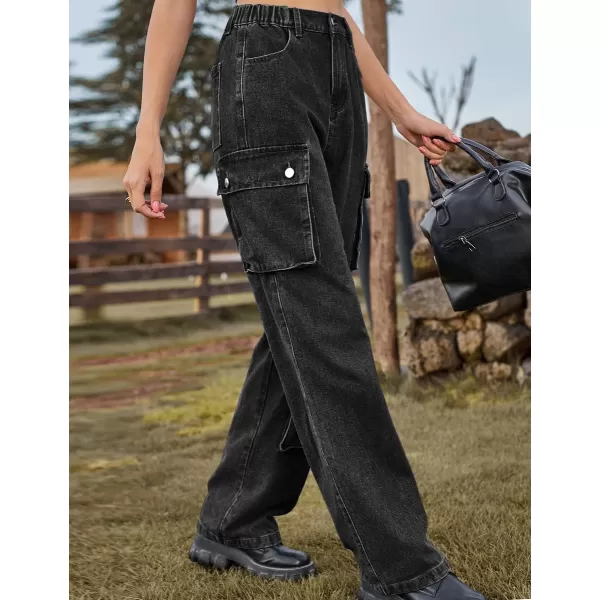 IDEALSANXUN Denim Cargo Pants for Women 2023 High Waisted Y2K Straight Leg Jeans Trousers with Flap PocketGrey