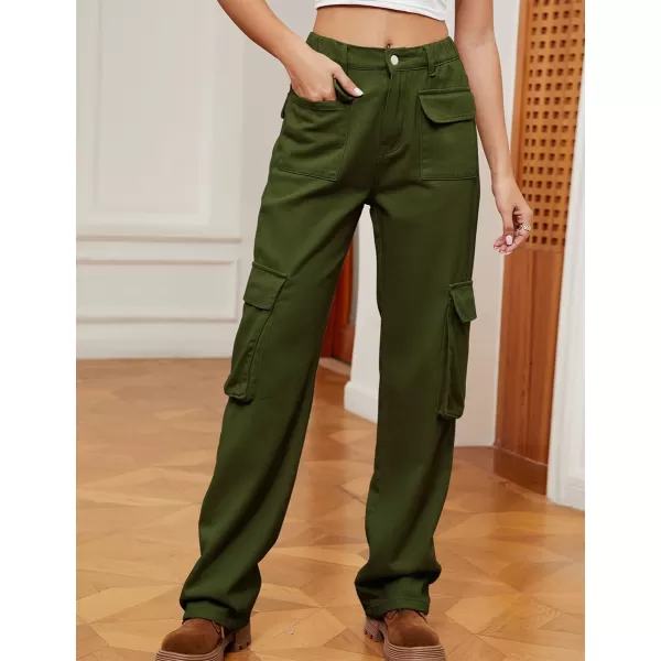IDEALSANXUN Denim Cargo Pants for Women High Waisted Baggy Straight Leg Long Jeans Trousers with Flap PocketArmy Green