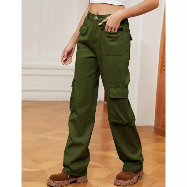 IDEALSANXUN Denim Cargo Pants for Women High Waisted Baggy Straight Leg Long Jeans Trousers with Flap PocketArmy Green
