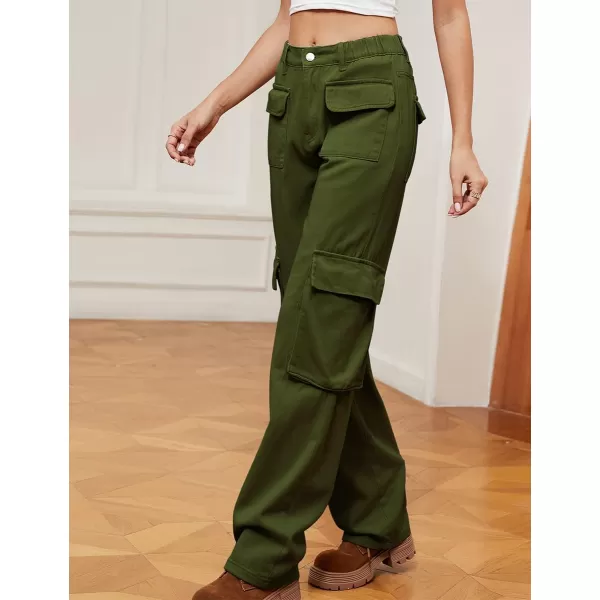 IDEALSANXUN Denim Cargo Pants for Women High Waisted Baggy Straight Leg Long Jeans Trousers with Flap PocketArmy Green