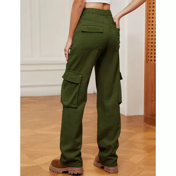 IDEALSANXUN Denim Cargo Pants for Women High Waisted Baggy Straight Leg Long Jeans Trousers with Flap PocketArmy Green