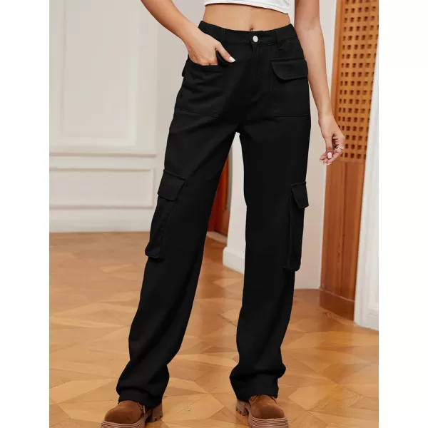 IDEALSANXUN Denim Cargo Pants for Women High Waisted Baggy Straight Leg Long Jeans Trousers with Flap PocketBlack