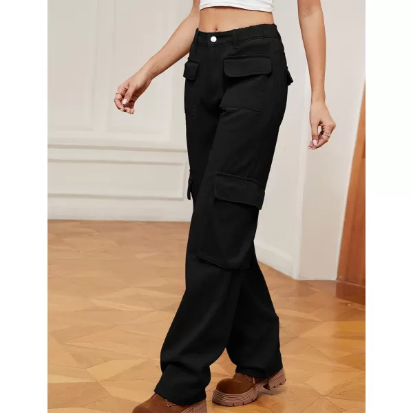 IDEALSANXUN Denim Cargo Pants for Women High Waisted Baggy Straight Leg Long Jeans Trousers with Flap PocketBlack