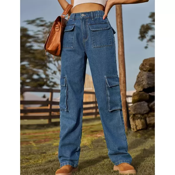 IDEALSANXUN Denim Cargo Pants for Women High Waisted Baggy Straight Leg Long Jeans Trousers with Flap PocketBlue