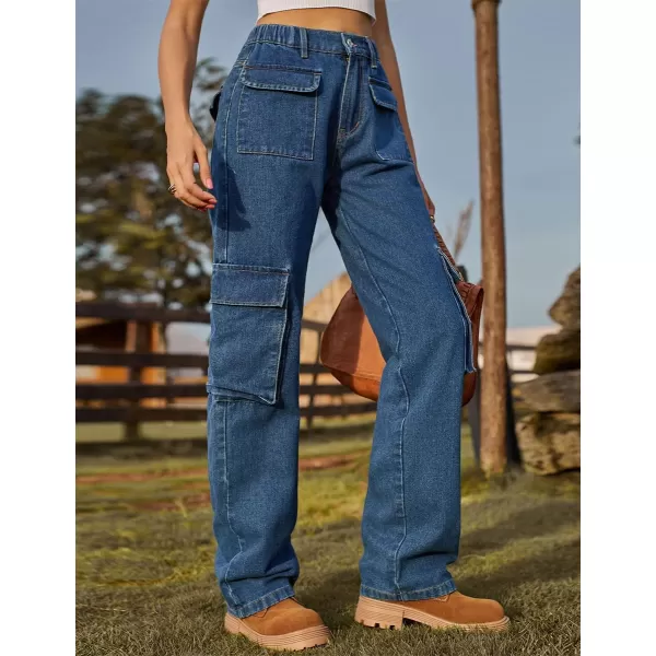 IDEALSANXUN Denim Cargo Pants for Women High Waisted Baggy Straight Leg Long Jeans Trousers with Flap PocketBlue