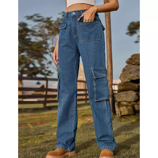 IDEALSANXUN Denim Cargo Pants for Women High Waisted Baggy Straight Leg Long Jeans Trousers with Flap PocketBlue