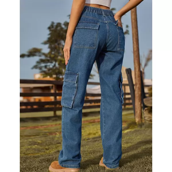 IDEALSANXUN Denim Cargo Pants for Women High Waisted Baggy Straight Leg Long Jeans Trousers with Flap PocketBlue