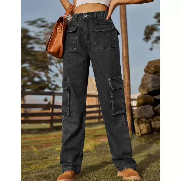 IDEALSANXUN Denim Cargo Pants for Women High Waisted Baggy Straight Leg Long Jeans Trousers with Flap PocketGrey