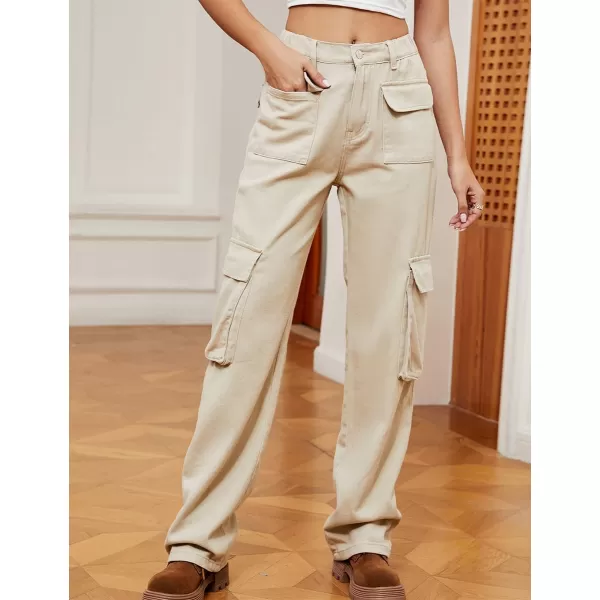 IDEALSANXUN Denim Cargo Pants for Women High Waisted Baggy Straight Leg Long Jeans Trousers with Flap PocketLight Khaki