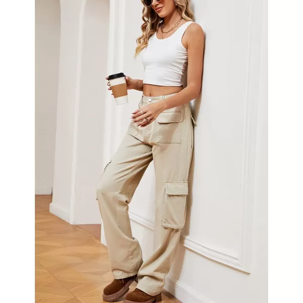 IDEALSANXUN Denim Cargo Pants for Women High Waisted Baggy Straight Leg Long Jeans Trousers with Flap PocketLight Khaki