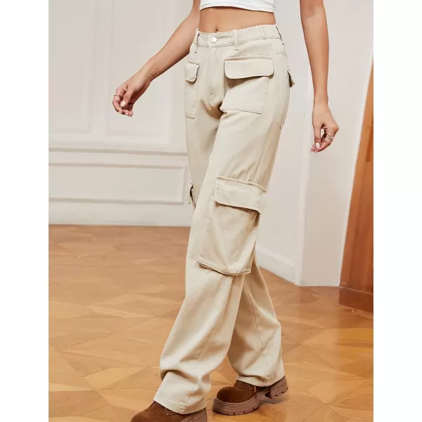 IDEALSANXUN Denim Cargo Pants for Women High Waisted Baggy Straight Leg Long Jeans Trousers with Flap PocketLight Khaki