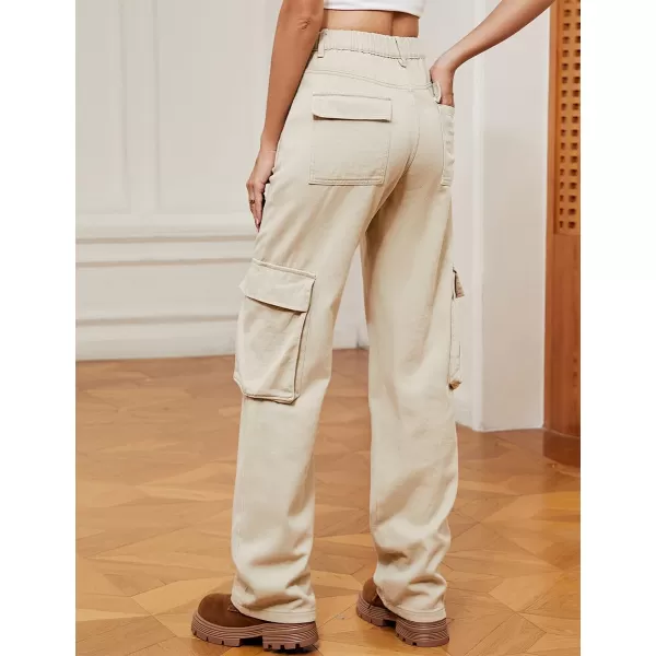 IDEALSANXUN Denim Cargo Pants for Women High Waisted Baggy Straight Leg Long Jeans Trousers with Flap PocketLight Khaki