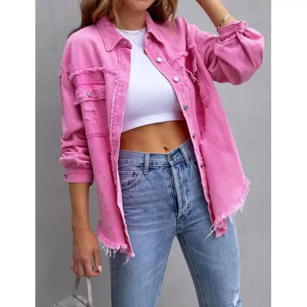 IDEALSANXUN Denim Jacket for Women Cute Long Sleeve Blouse Casual Tops Coat Distressed Jean JacketPink