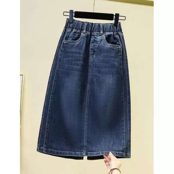 IDEALSANXUN Denim Jean Skirt for Women High Elastic Waisted A Line Fall Winter Knee Length Skirt with SlitBlue