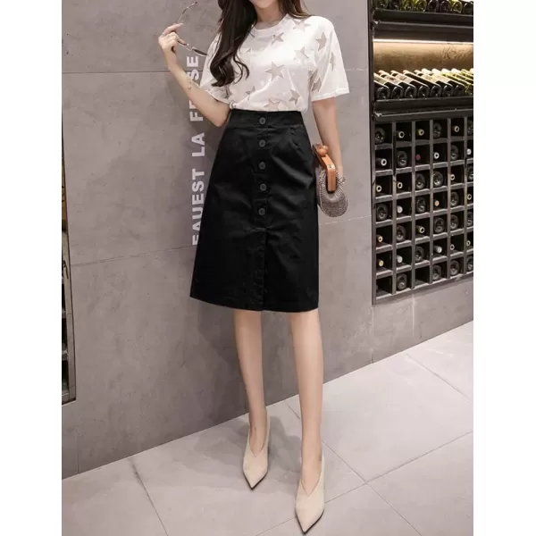 IDEALSANXUN Denim Midi Skirts for Women Summer High Waisted Slit A Line Jean Long SkirtBlack