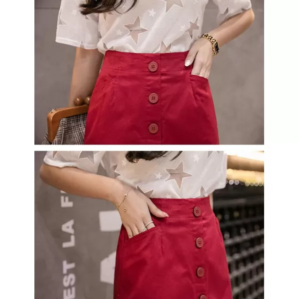 IDEALSANXUN Denim Midi Skirts for Women Summer High Waisted Slit A Line Jean Long SkirtRed