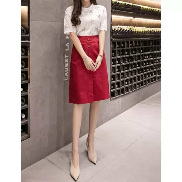 IDEALSANXUN Denim Midi Skirts for Women Summer High Waisted Slit A Line Jean Long SkirtRed