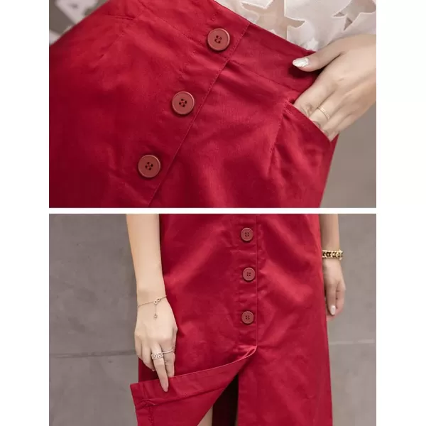 IDEALSANXUN Denim Midi Skirts for Women Summer High Waisted Slit A Line Jean Long SkirtRed
