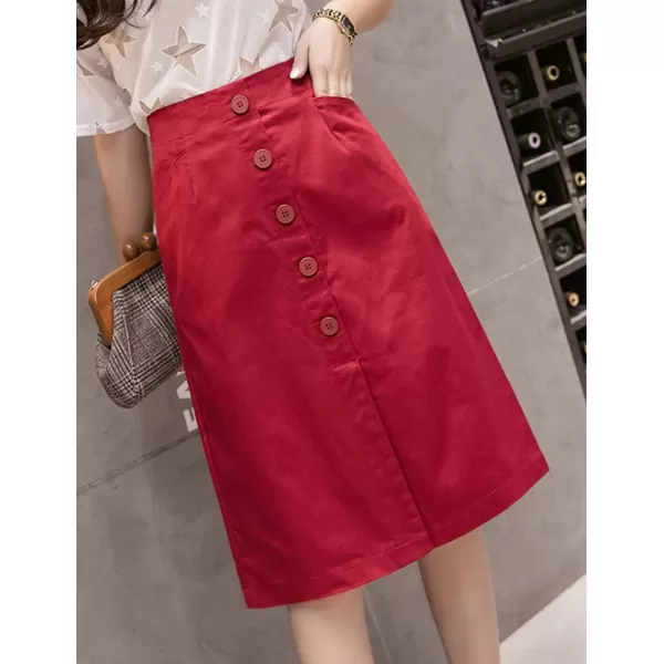 IDEALSANXUN Denim Midi Skirts for Women Summer High Waisted Slit A Line Jean Long SkirtRed