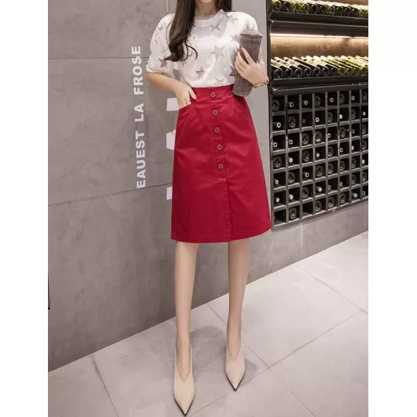 IDEALSANXUN Denim Midi Skirts for Women Summer High Waisted Slit A Line Jean Long SkirtRed