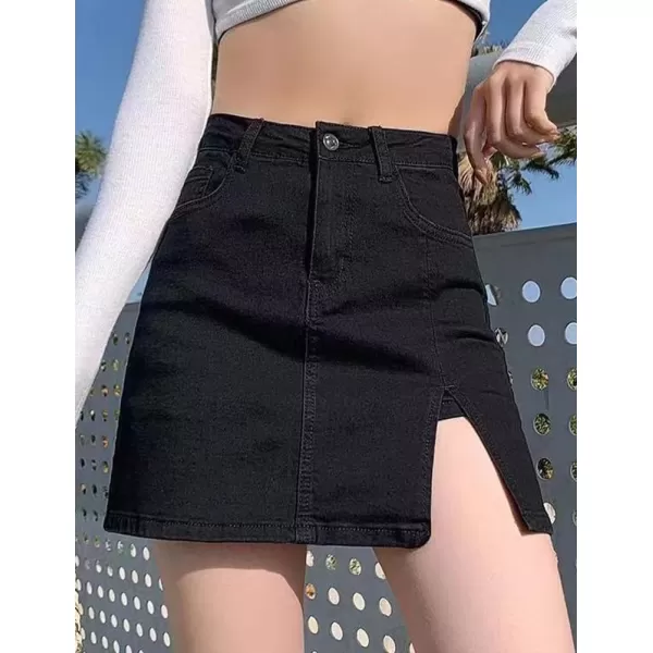 IDEALSANXUN Denim Mini Skirt for Women High Waisted A Line Fall Winter 2023 Jean Skirt with SlitBlack