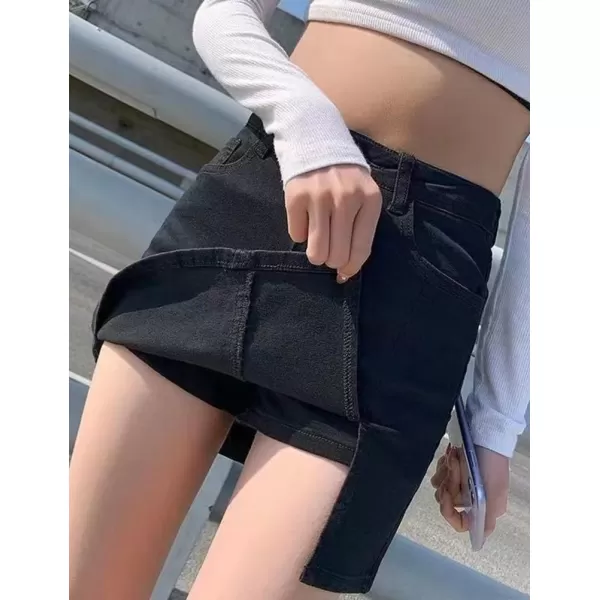 IDEALSANXUN Denim Mini Skirt for Women High Waisted A Line Fall Winter 2023 Jean Skirt with SlitBlack