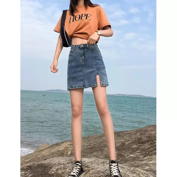 IDEALSANXUN Denim Mini Skirt for Women High Waisted A Line Fall Winter 2023 Jean Skirt with SlitBlue