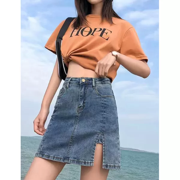 IDEALSANXUN Denim Mini Skirt for Women High Waisted A Line Fall Winter 2023 Jean Skirt with SlitBlue
