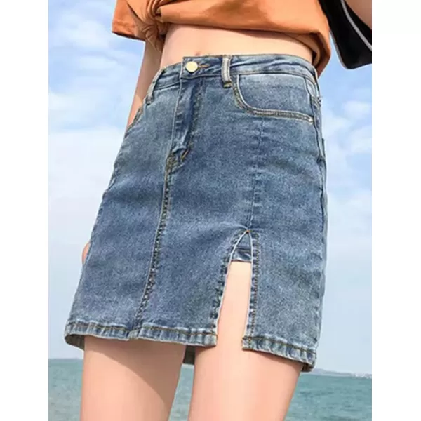 IDEALSANXUN Denim Mini Skirt for Women High Waisted A Line Fall Winter 2023 Jean Skirt with SlitBlue