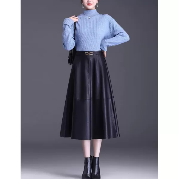 IDEALSANXUN Faux Leather Midi Skirts for Women Elastic High Waisted A Line Flare Pleated Fall Winter SkirtBlack