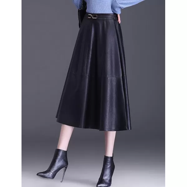 IDEALSANXUN Faux Leather Midi Skirts for Women Elastic High Waisted A Line Flare Pleated Fall Winter SkirtBlack
