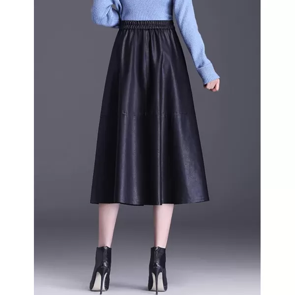 IDEALSANXUN Faux Leather Midi Skirts for Women Elastic High Waisted A Line Flare Pleated Fall Winter SkirtBlack