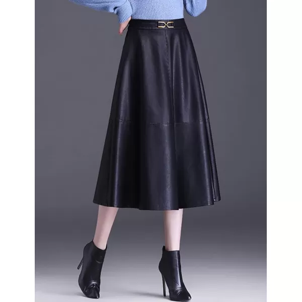 IDEALSANXUN Faux Leather Midi Skirts for Women Elastic High Waisted A Line Flare Pleated Fall Winter SkirtBlack