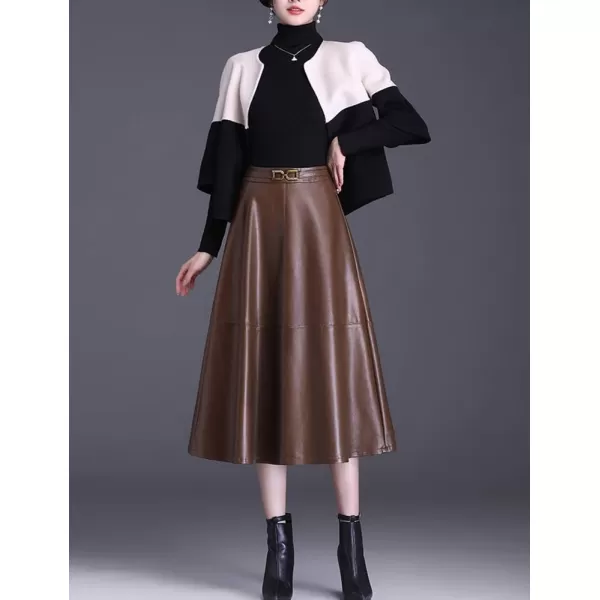 IDEALSANXUN Faux Leather Midi Skirts for Women Elastic High Waisted A Line Flare Pleated Fall Winter SkirtCoffee