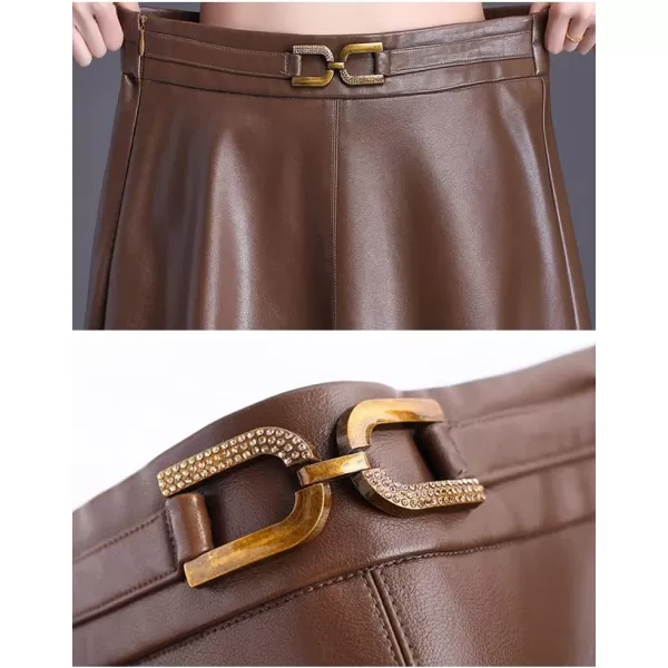 IDEALSANXUN Faux Leather Midi Skirts for Women Elastic High Waisted A Line Flare Pleated Fall Winter SkirtCoffee