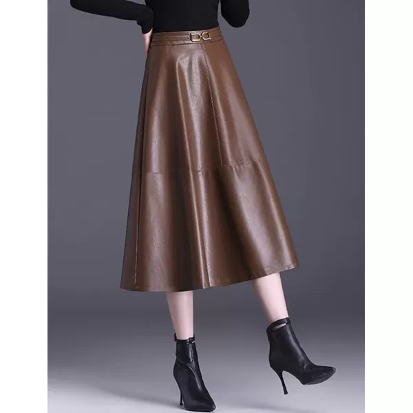 IDEALSANXUN Faux Leather Midi Skirts for Women Elastic High Waisted A Line Flare Pleated Fall Winter SkirtCoffee