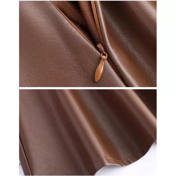 IDEALSANXUN Faux Leather Midi Skirts for Women Elastic High Waisted A Line Flare Pleated Fall Winter SkirtCoffee