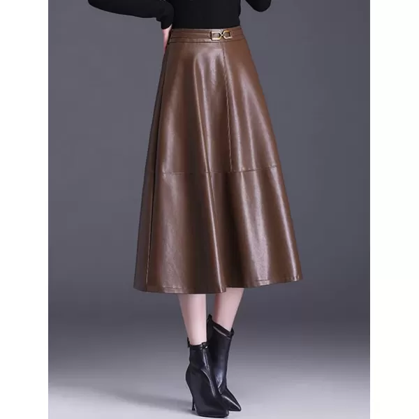 IDEALSANXUN Faux Leather Midi Skirts for Women Elastic High Waisted A Line Flare Pleated Fall Winter SkirtCoffee