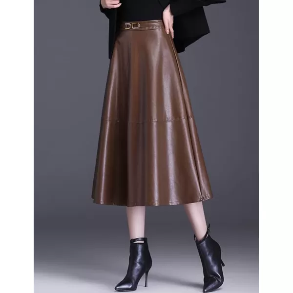 IDEALSANXUN Faux Leather Midi Skirts for Women Elastic High Waisted A Line Flare Pleated Fall Winter SkirtCoffee