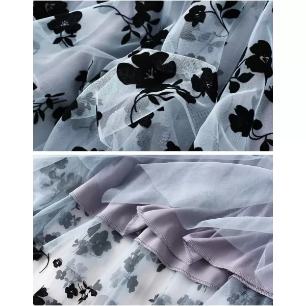 IDEALSANXUN Floral Tulle Skirts for Women Summer High Waisted ALine Layered Pleated Cute Tutu Beach Flowy Mesh Midi SkirtsBlue