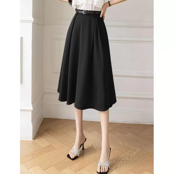 IDEALSANXUN Flowy Midi Skirt for Women High Waisted A Line Suit Pleated Fall Winter 2023 Long SkirtBlack