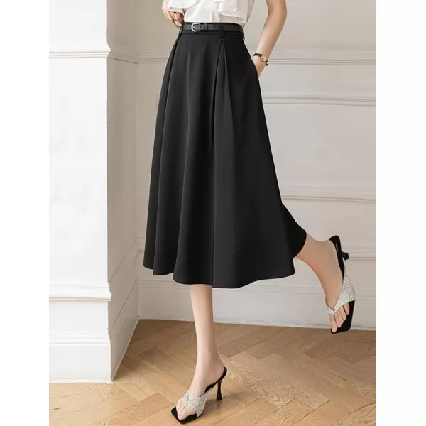 IDEALSANXUN Flowy Midi Skirt for Women High Waisted A Line Suit Pleated Fall Winter 2023 Long SkirtBlack