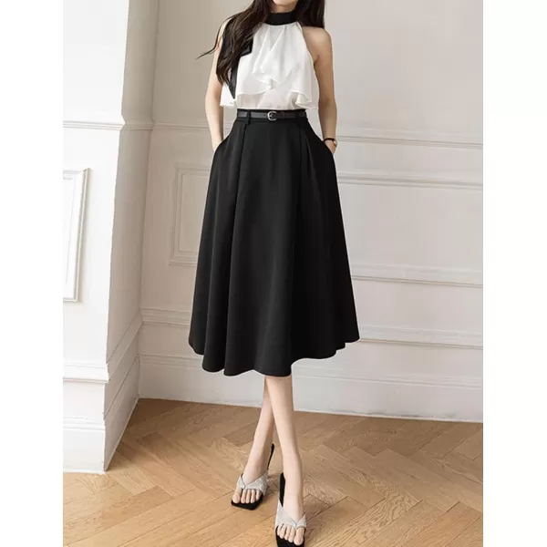 IDEALSANXUN Flowy Midi Skirt for Women High Waisted A Line Suit Pleated Fall Winter 2023 Long SkirtBlack