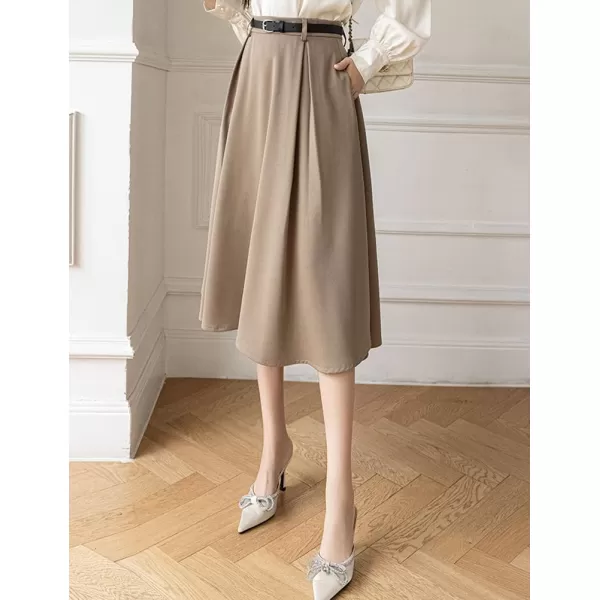 IDEALSANXUN Flowy Midi Skirt for Women High Waisted A Line Suit Pleated Fall Winter 2023 Long SkirtKhaki