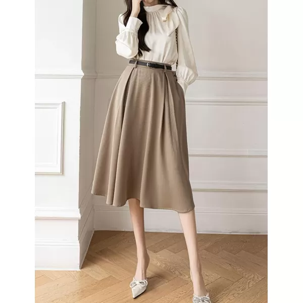 IDEALSANXUN Flowy Midi Skirt for Women High Waisted A Line Suit Pleated Fall Winter 2023 Long SkirtKhaki