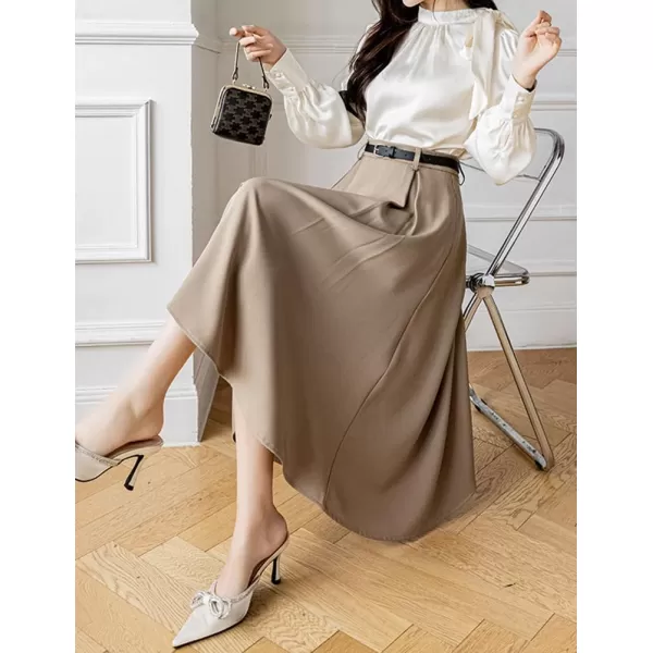 IDEALSANXUN Flowy Midi Skirt for Women High Waisted A Line Suit Pleated Fall Winter 2023 Long SkirtKhaki