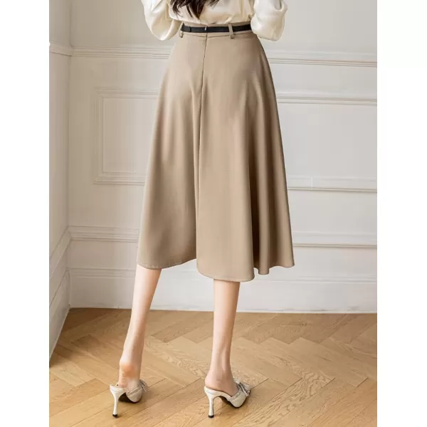 IDEALSANXUN Flowy Midi Skirt for Women High Waisted A Line Suit Pleated Fall Winter 2023 Long SkirtKhaki