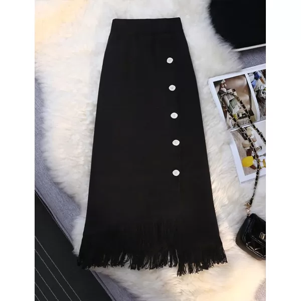 IDEALSANXUN Fringe Plaid Maxi Skirt for Women High Waisted A Line Asymmetrical Fall Winter Knit Tassel Wrap SkirtBlack